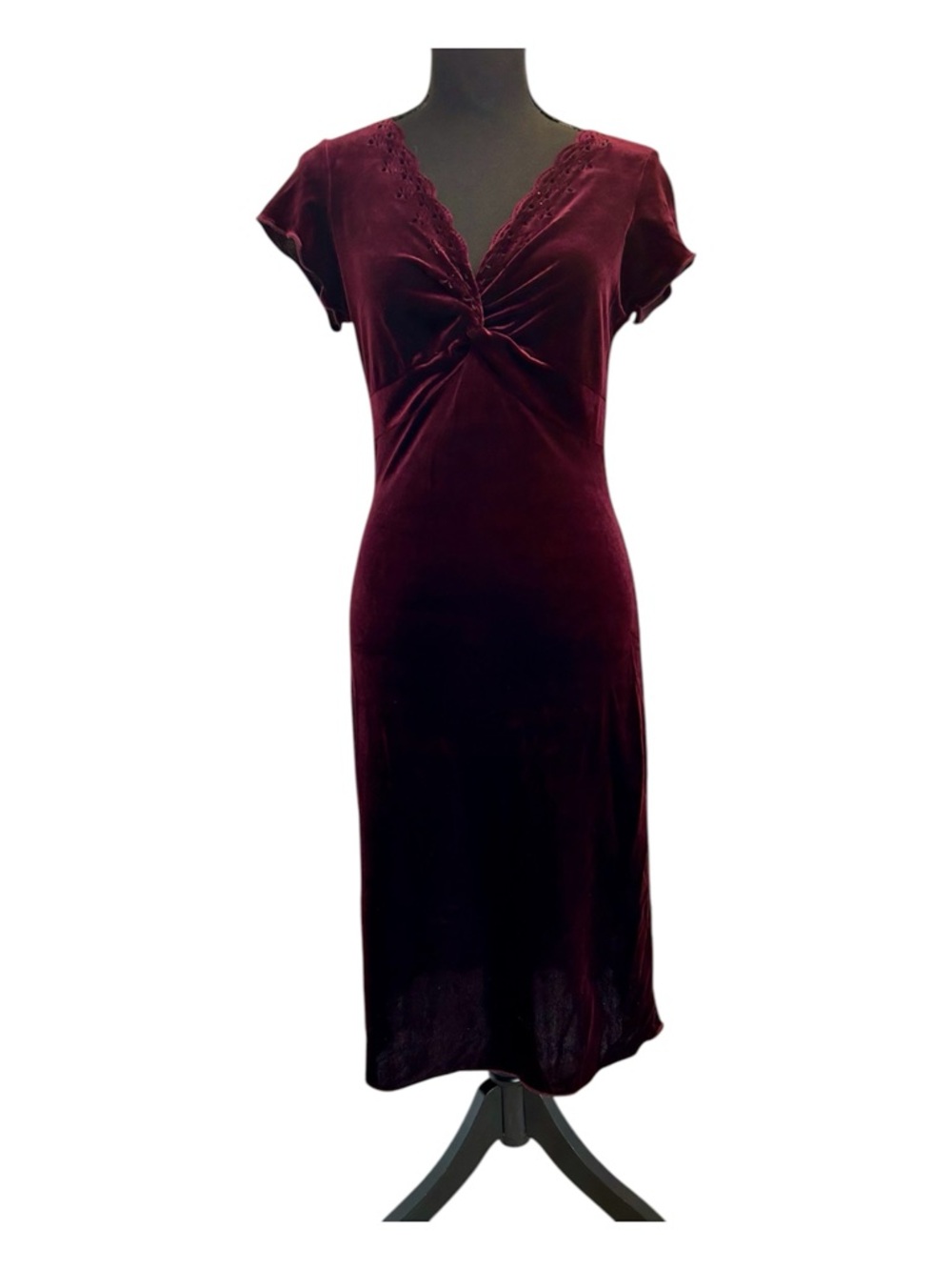 Le Chateau Velvet Twist Front Midi Dress wine Burgundy short sleeve Sz M